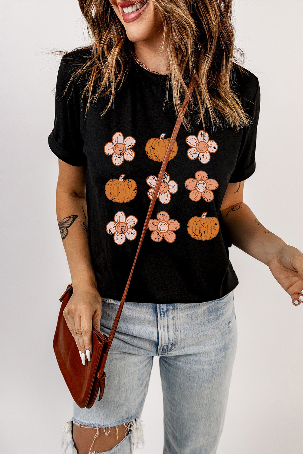 Pumpkin Flower Print Short Sleeve Graphic T Shirt
