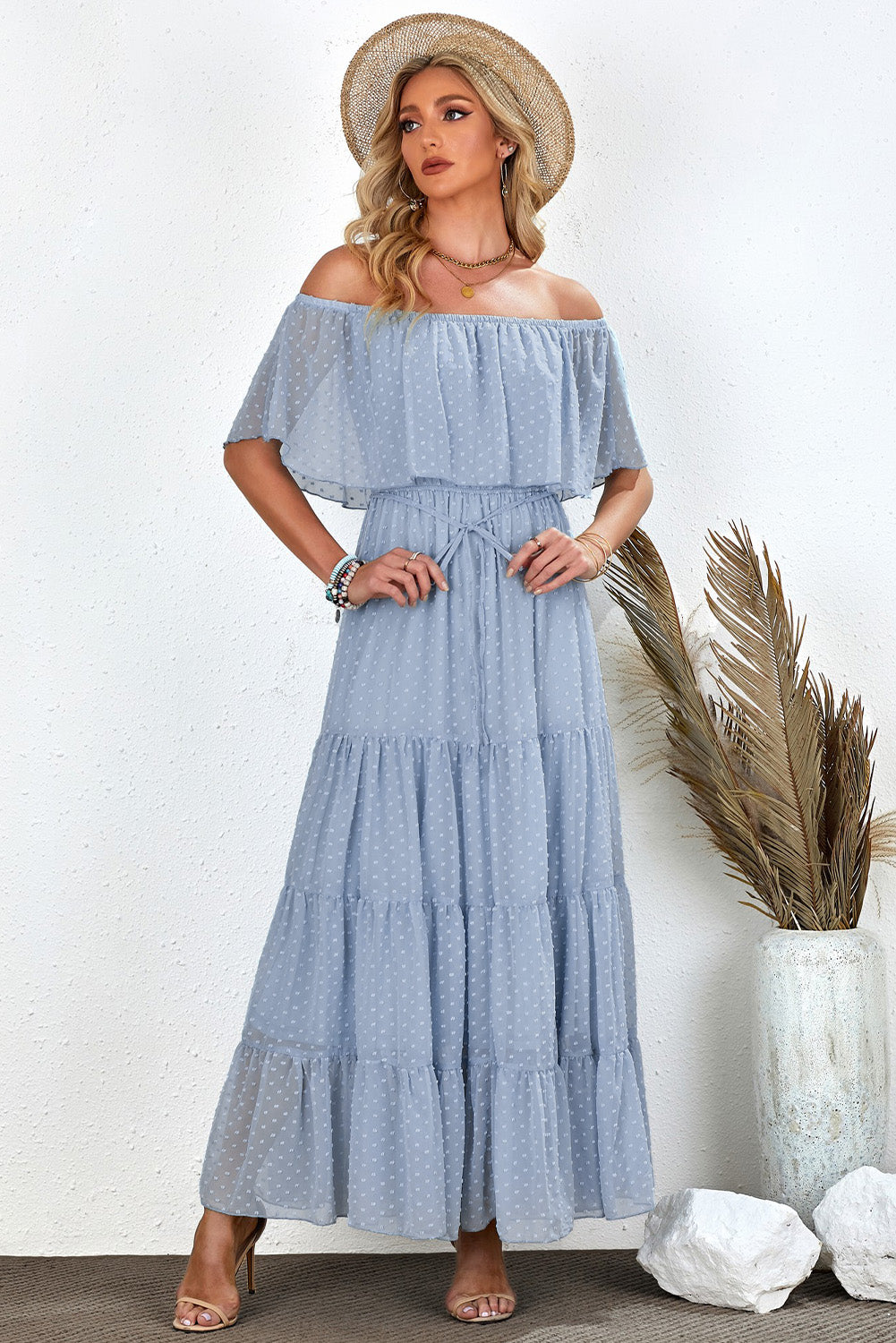 Sky Blue Yellow Yellow Off Shoulder Ruffle Swiss Dot Maxi Dress