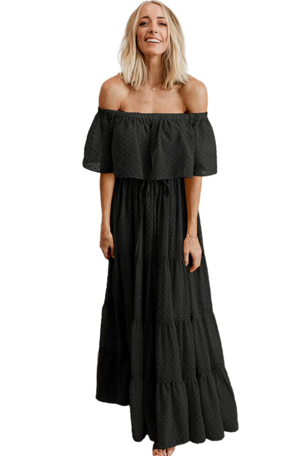 Sky Blue Yellow Yellow Off Shoulder Ruffle Swiss Dot Maxi Dress