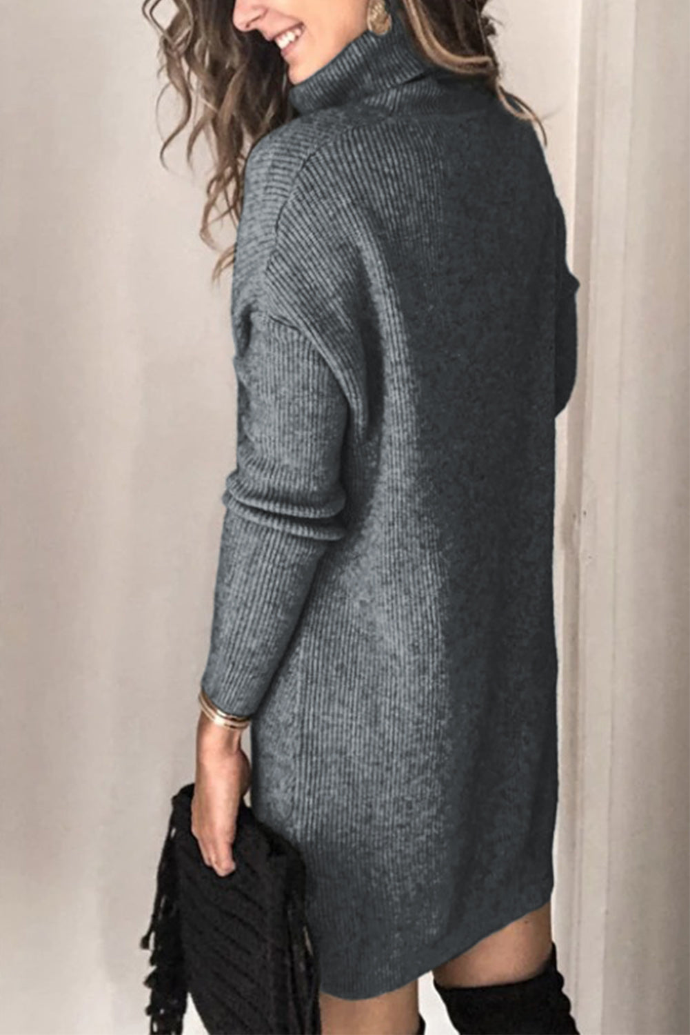 Brown Turtleneck Long Sleeve Knitted Sweater Dress