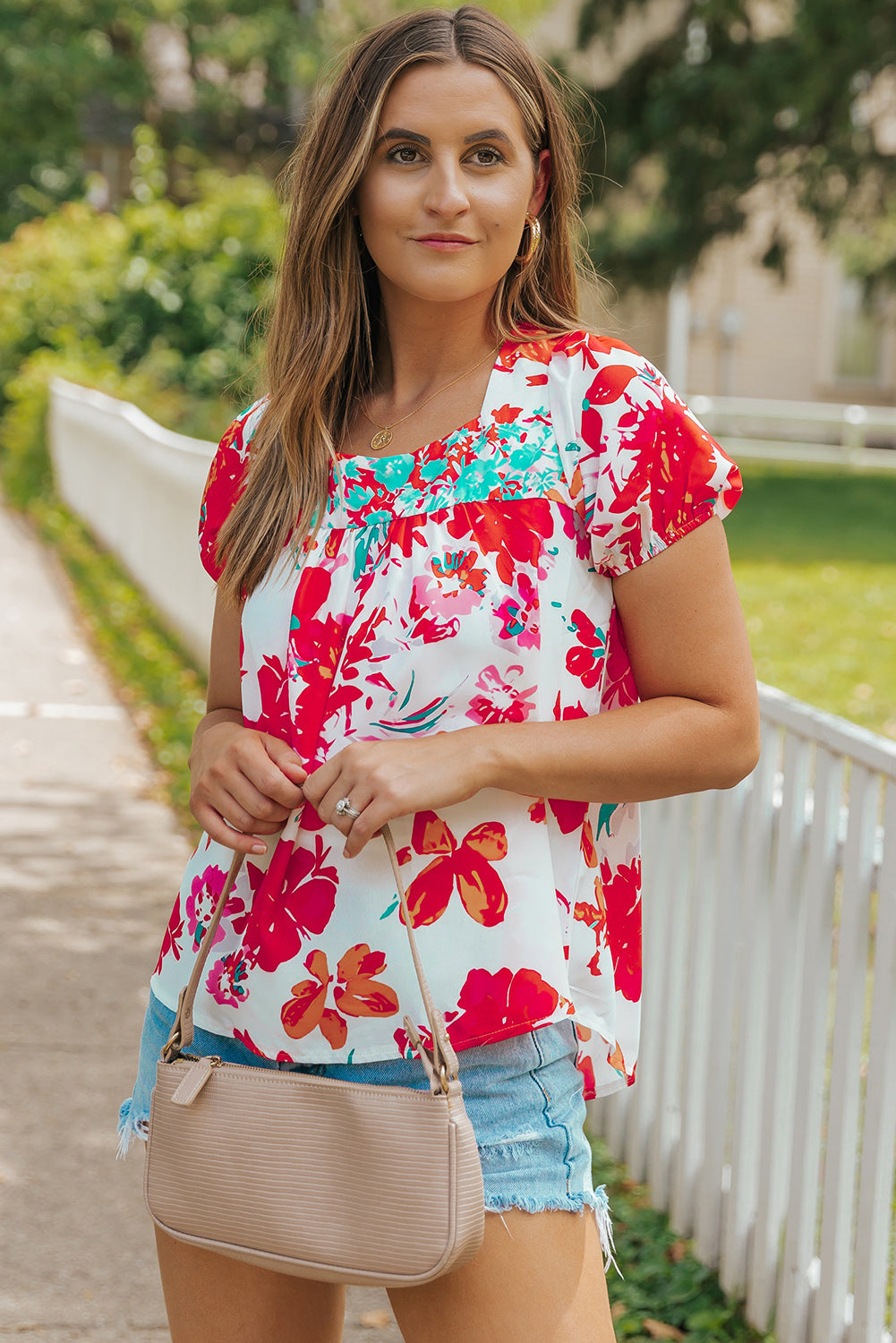 Red Floral Printed Square Neck Blouse
