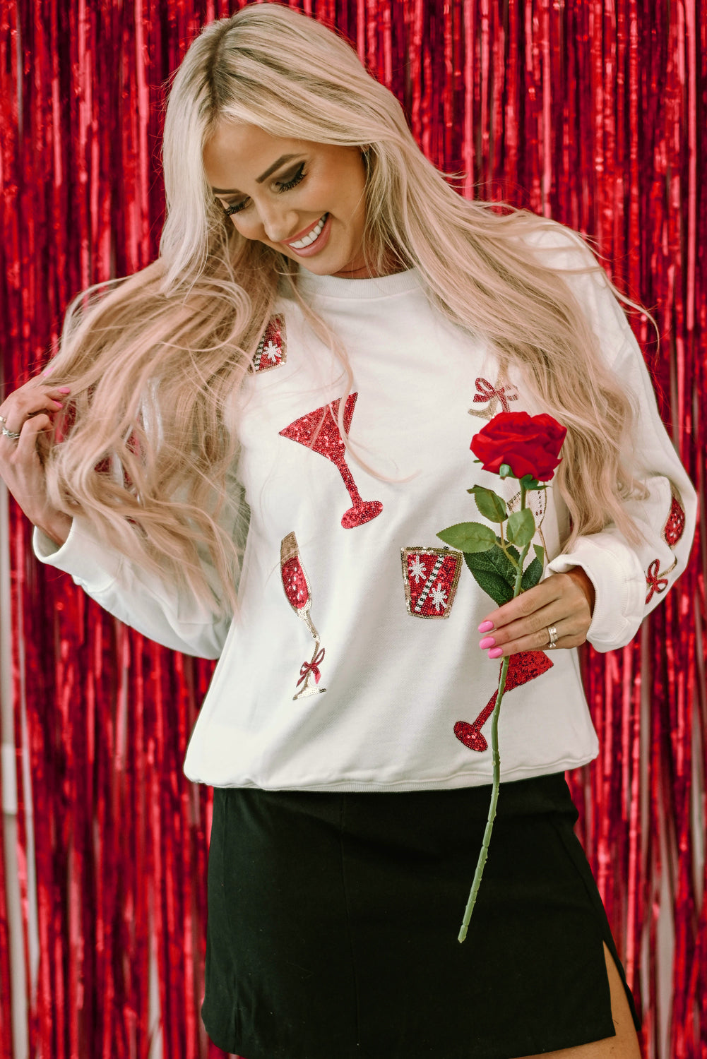 Beige Sequin Cheers Wineglasses Christmas Sweatshirt