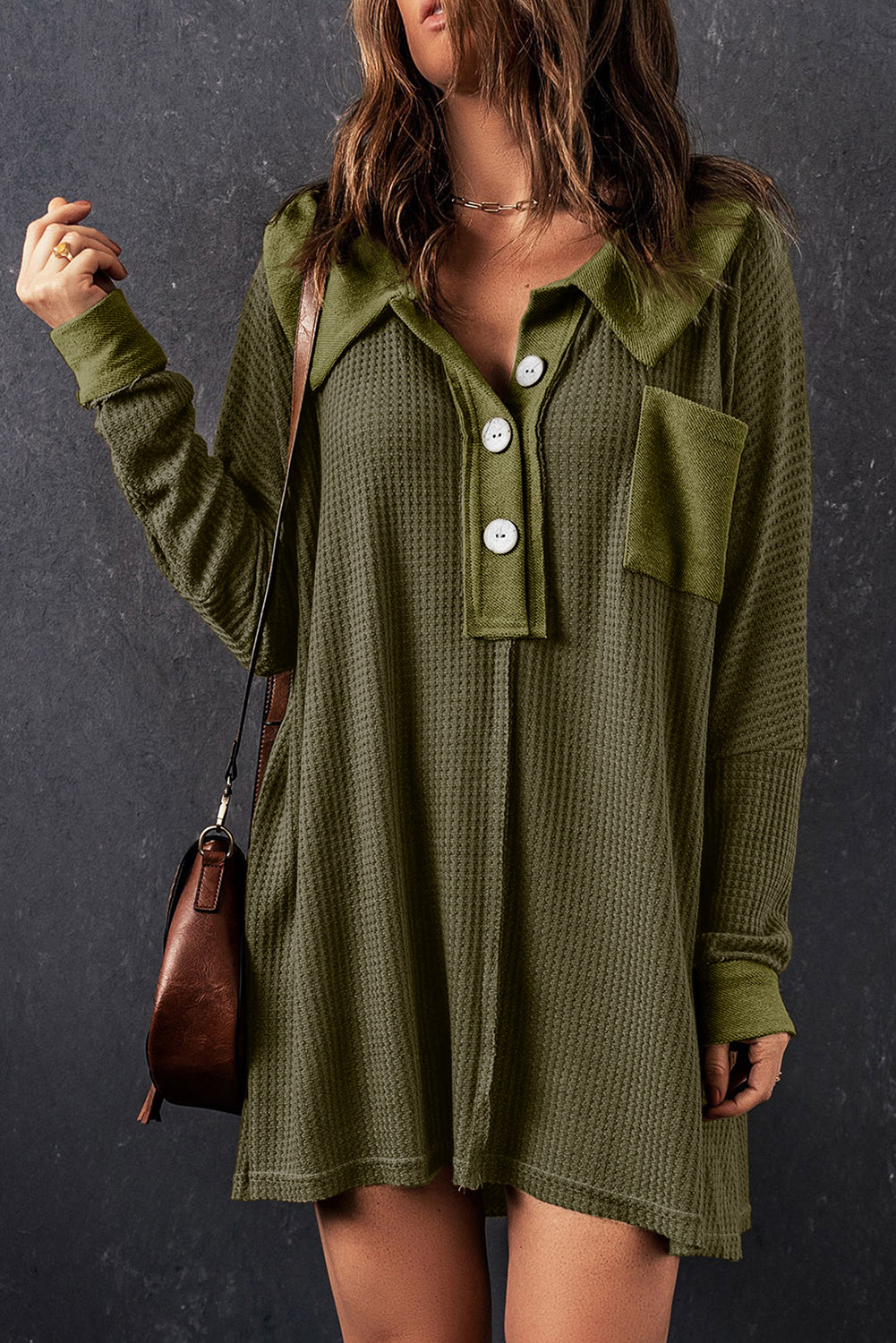Black Waffle Knit Buttoned Long Sleeve Top