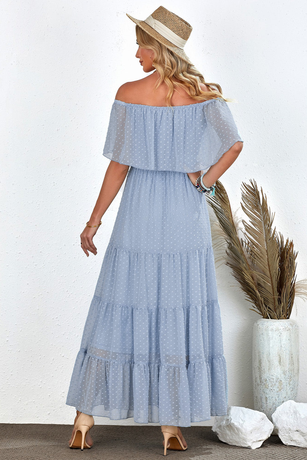Sky Blue Yellow Yellow Off Shoulder Ruffle Swiss Dot Maxi Dress