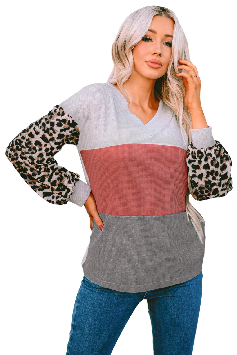 Apricot Wild Leopard Contrast Sleeve Colorblock Waffle Knit Top