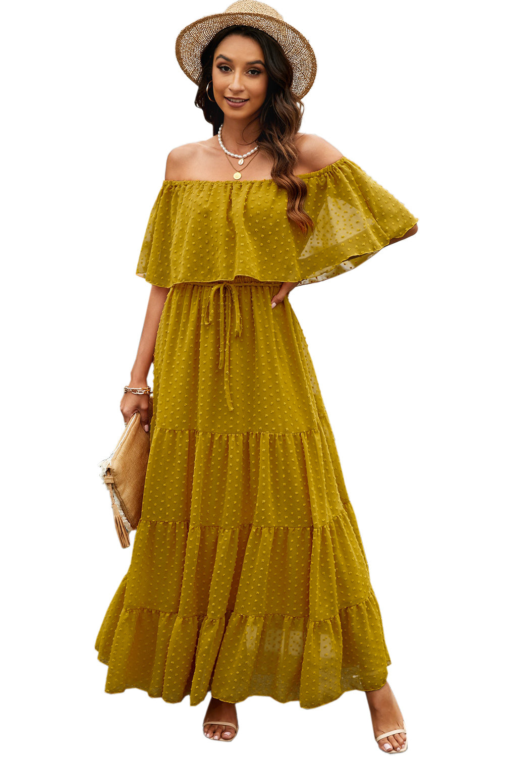 Sky Blue Yellow Yellow Off Shoulder Ruffle Swiss Dot Maxi Dress