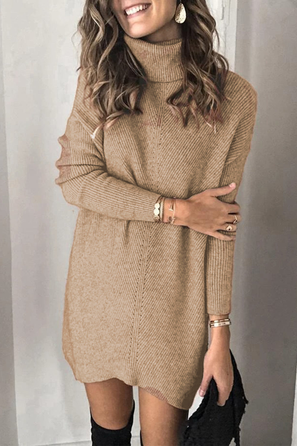 Brown Turtleneck Long Sleeve Knitted Sweater Dress