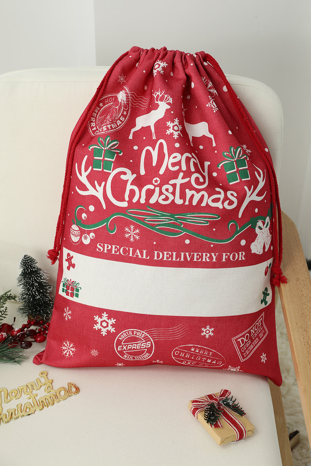 Fiery Red Christmas Drawstring Large Gift Bag