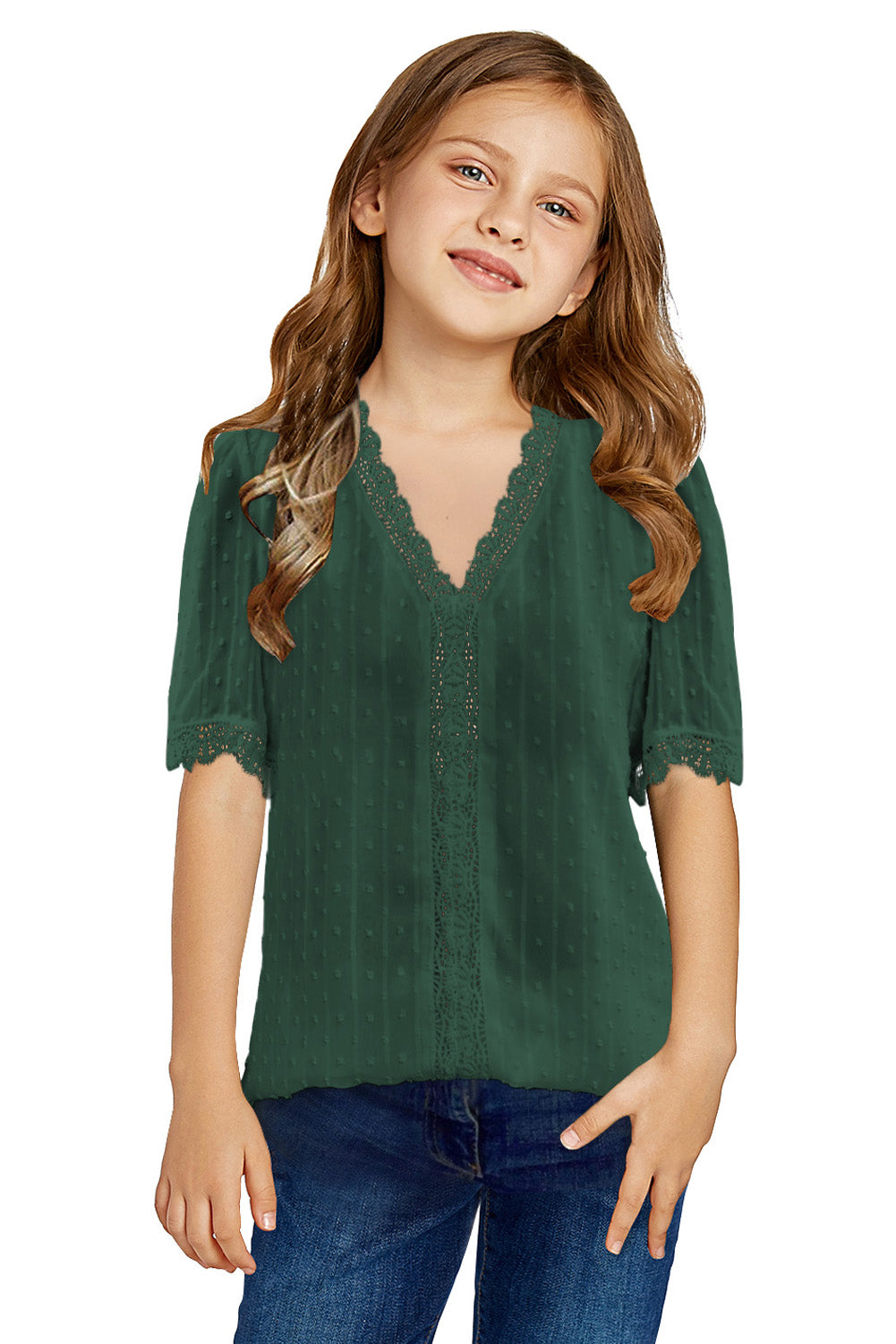 Sky Blue Swiss Dot Lace Short Sleeve Girls Top