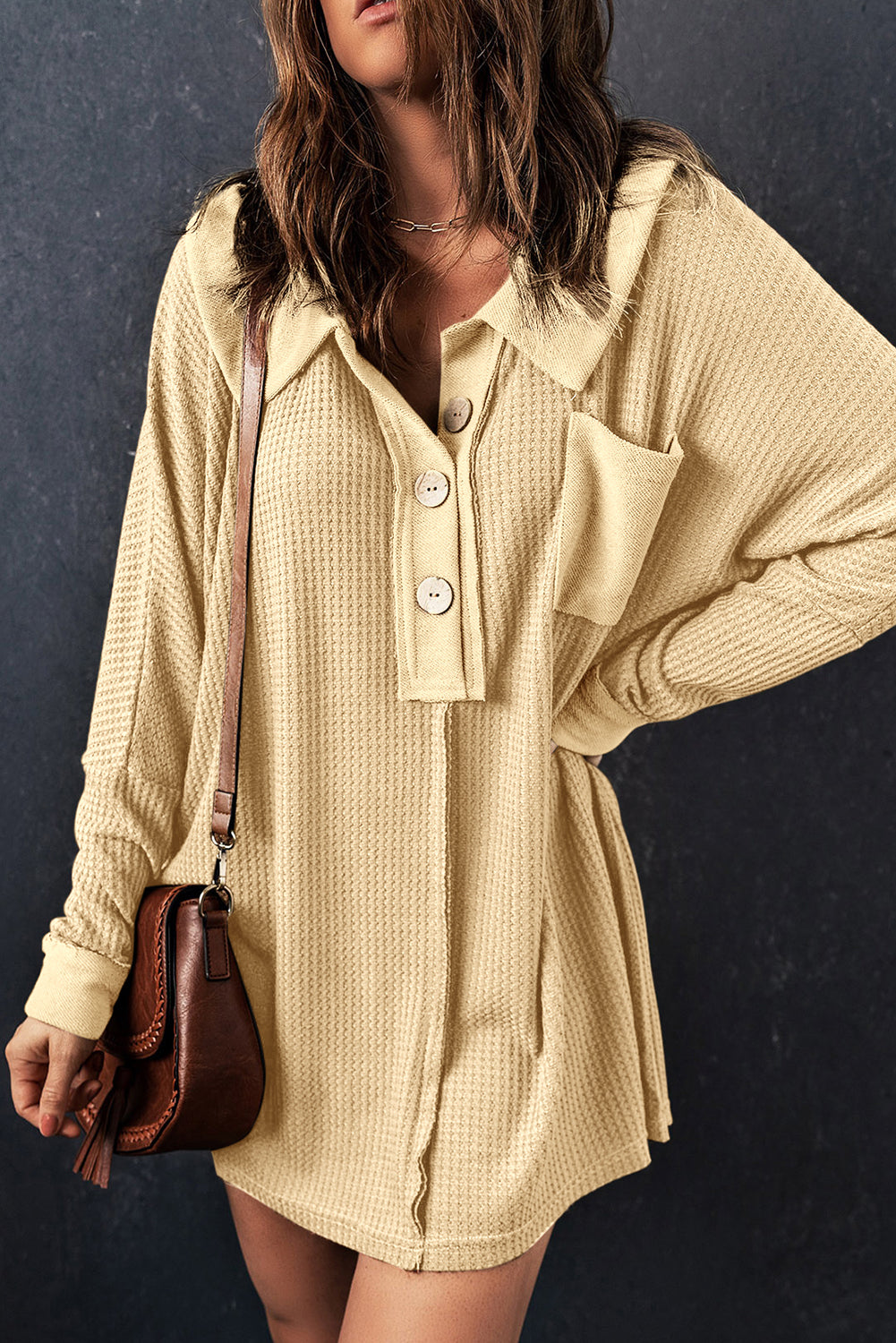 Black Waffle Knit Buttoned Long Sleeve Top