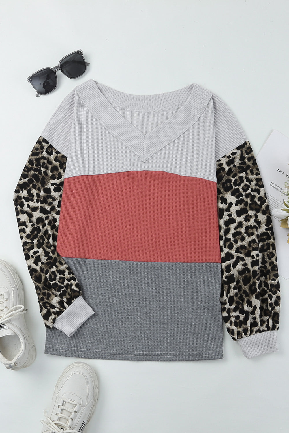 Apricot Wild Leopard Contrast Sleeve Colorblock Waffle Knit Top