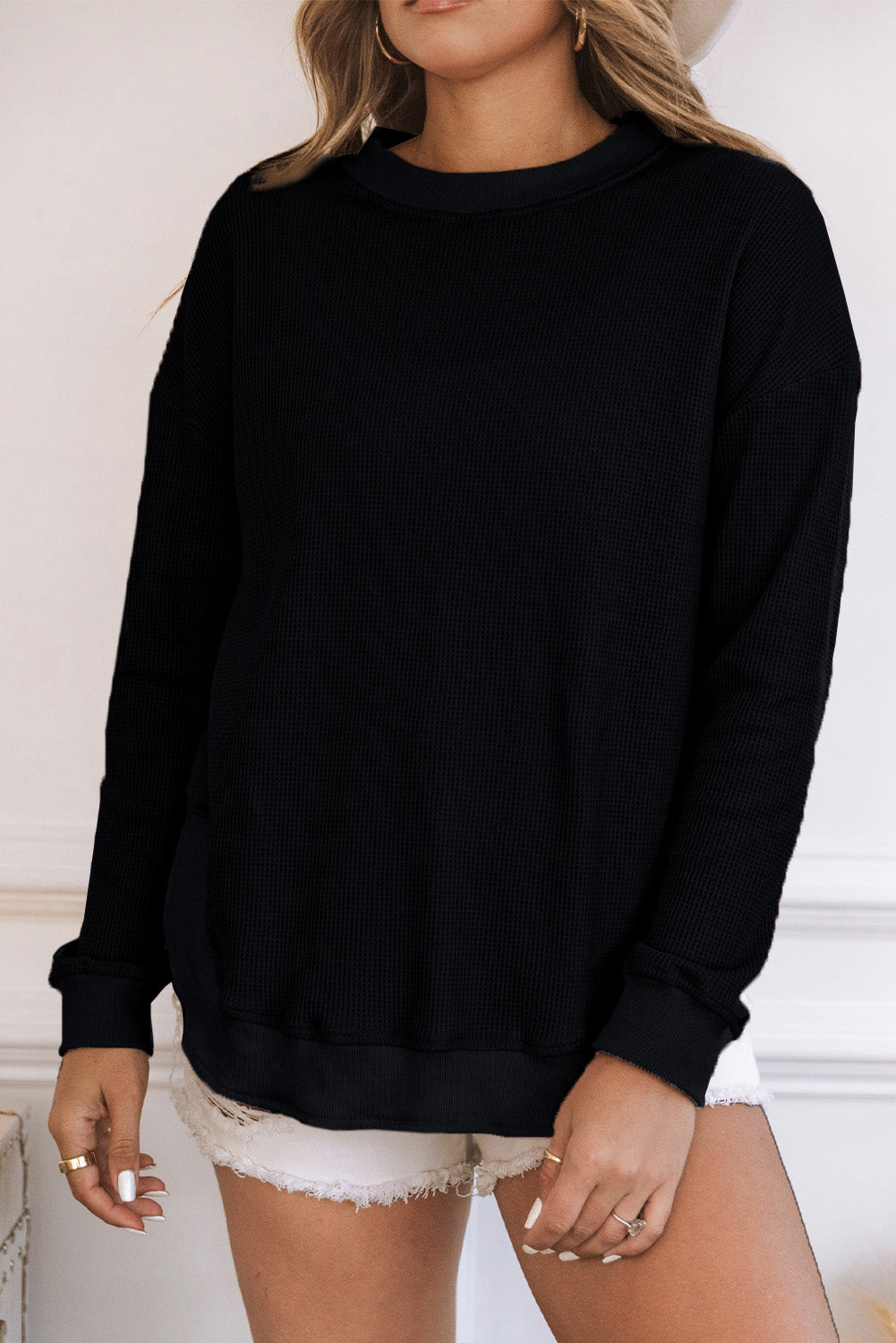 Apricot Crew Neck Ribbed Trim Waffle Knit Top