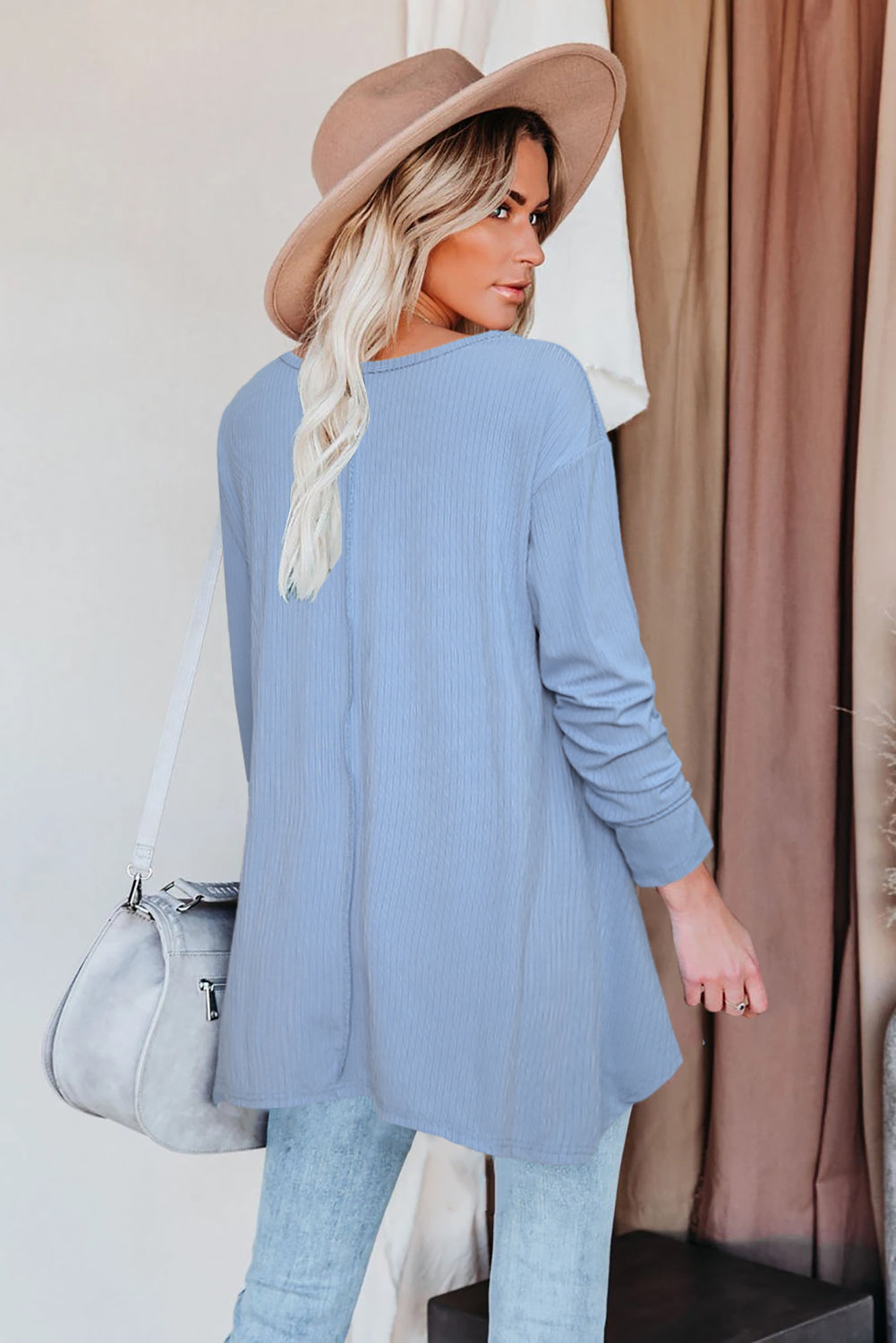 Brown Asymmetric Hemline Long Sleeve Top