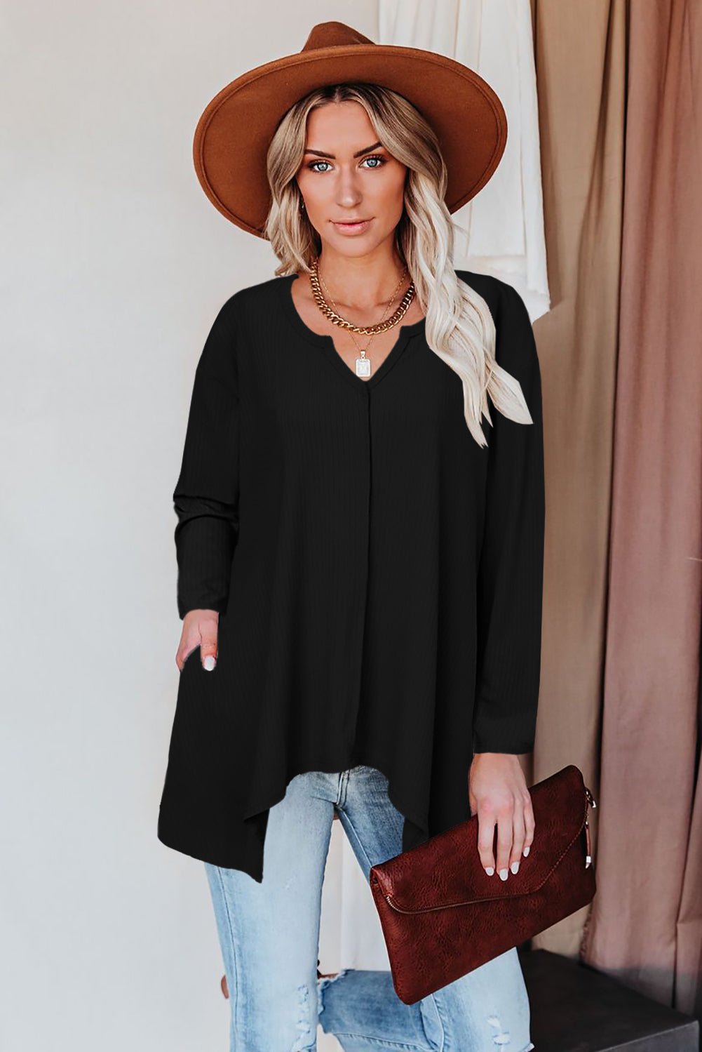 Brown Asymmetric Hemline Long Sleeve Top