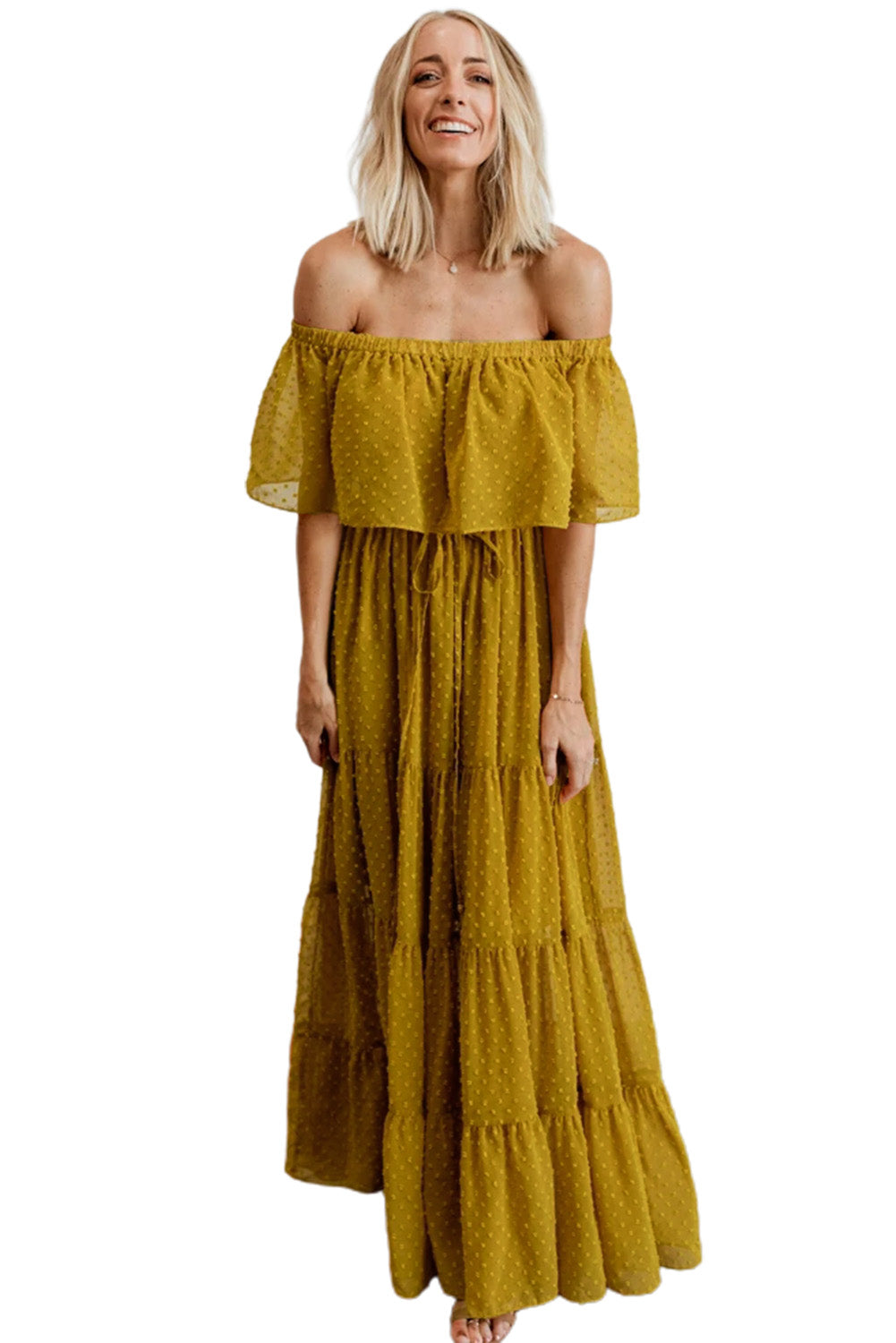 Sky Blue Yellow Yellow Off Shoulder Ruffle Swiss Dot Maxi Dress