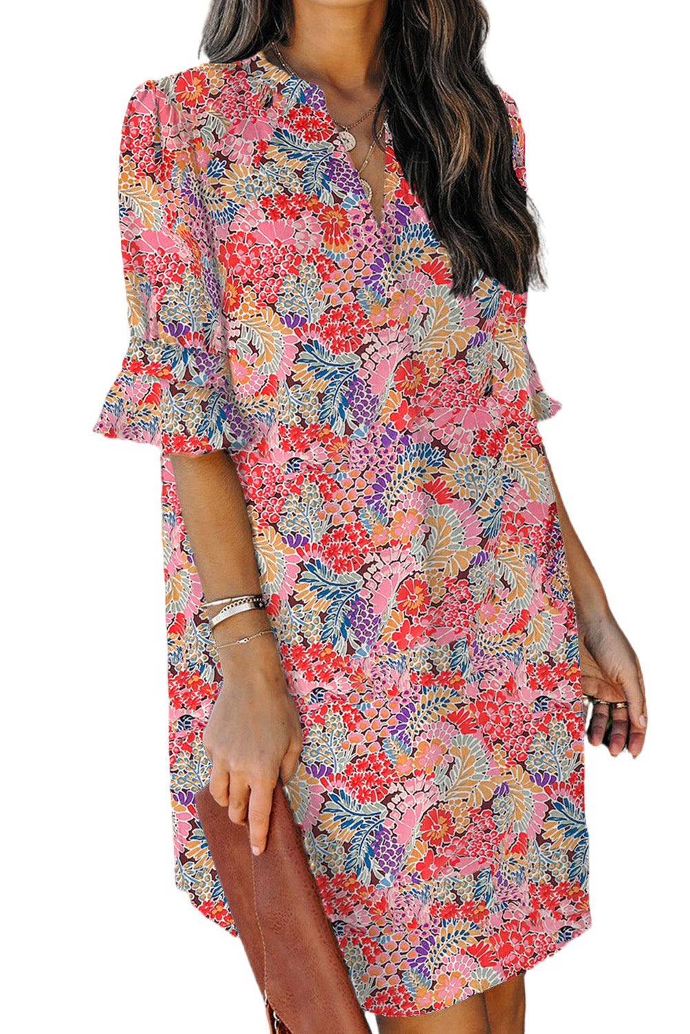 Multicolor Boho Floral Printed Flutter Sleeve Dress
