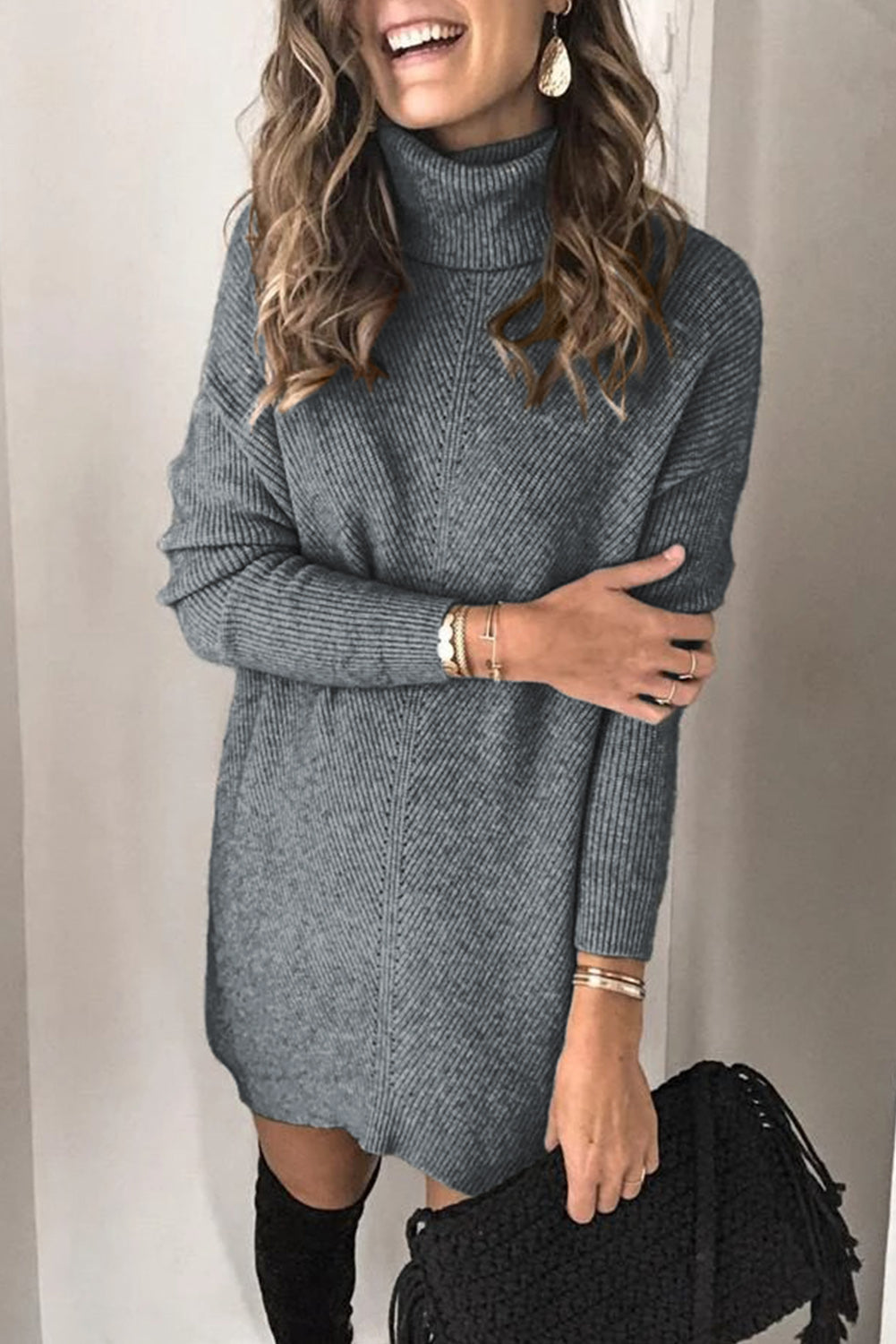 Brown Turtleneck Long Sleeve Knitted Sweater Dress