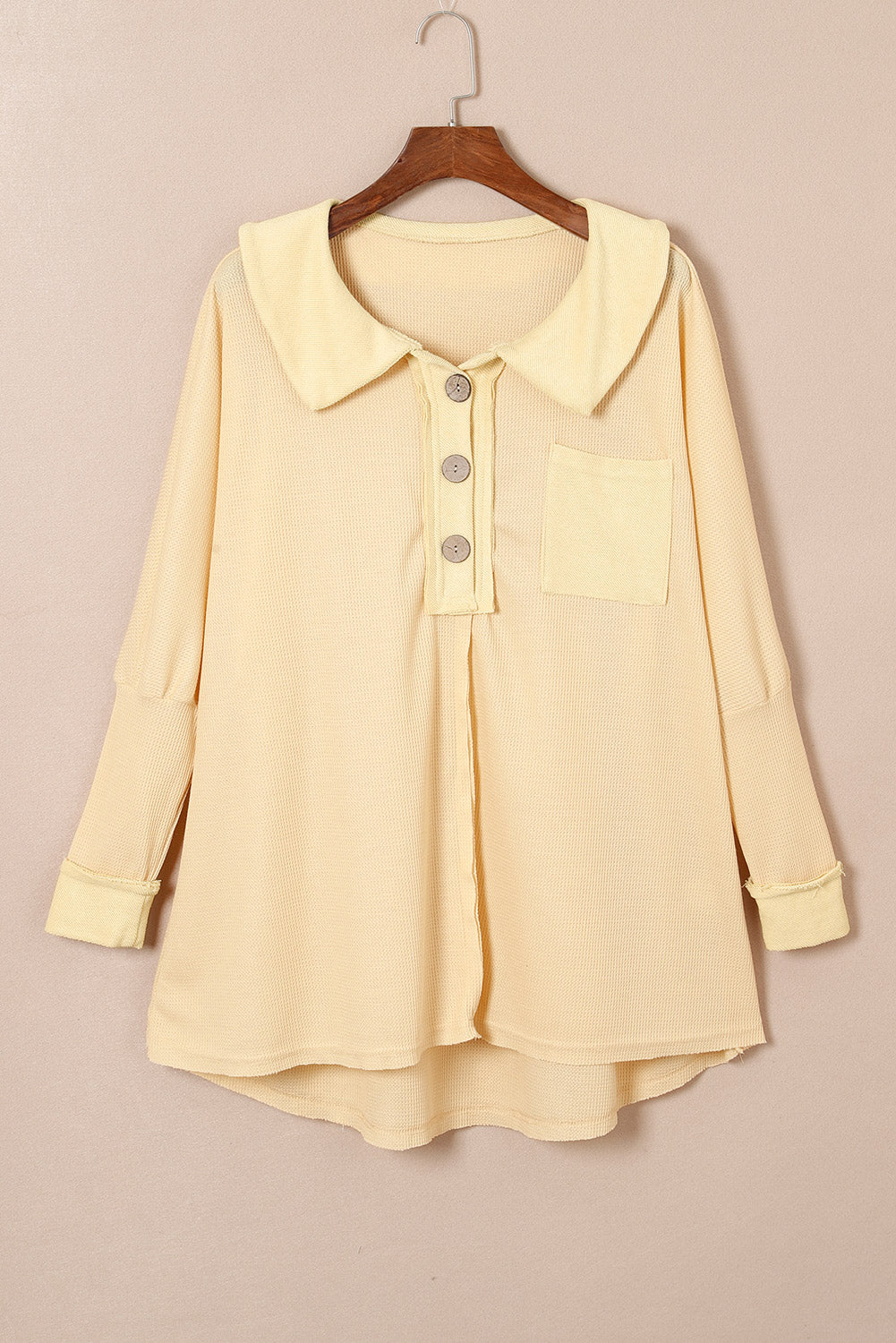 Black Waffle Knit Buttoned Long Sleeve Top