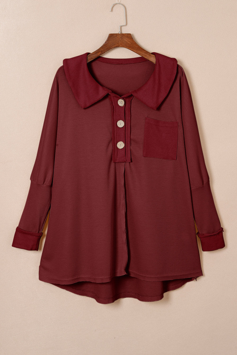 Black Waffle Knit Buttoned Long Sleeve Top