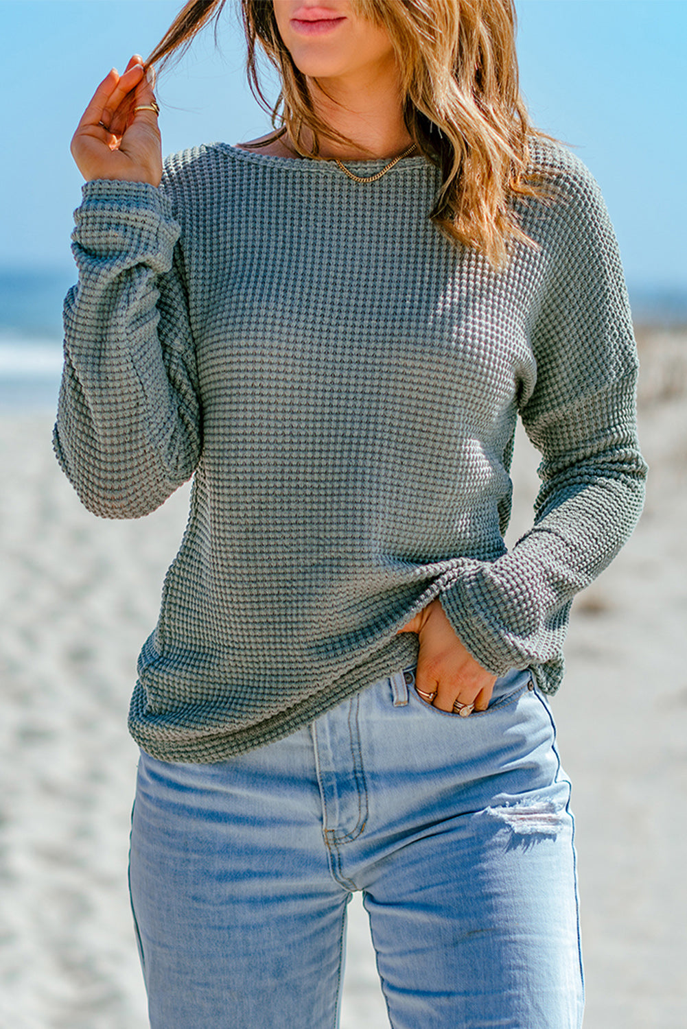 Khaki Waffle Knit Drop Shoulder Long Sleeve Top