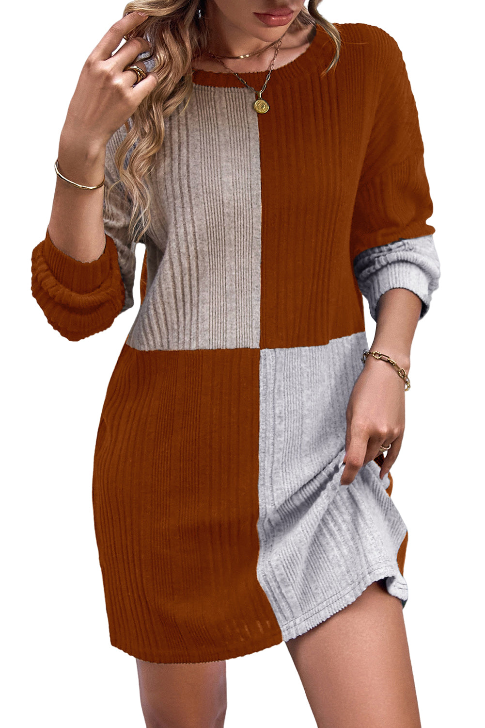 Chestnut Ribbed Color Block Drop Shoulder Long Sleeve Mini Dress