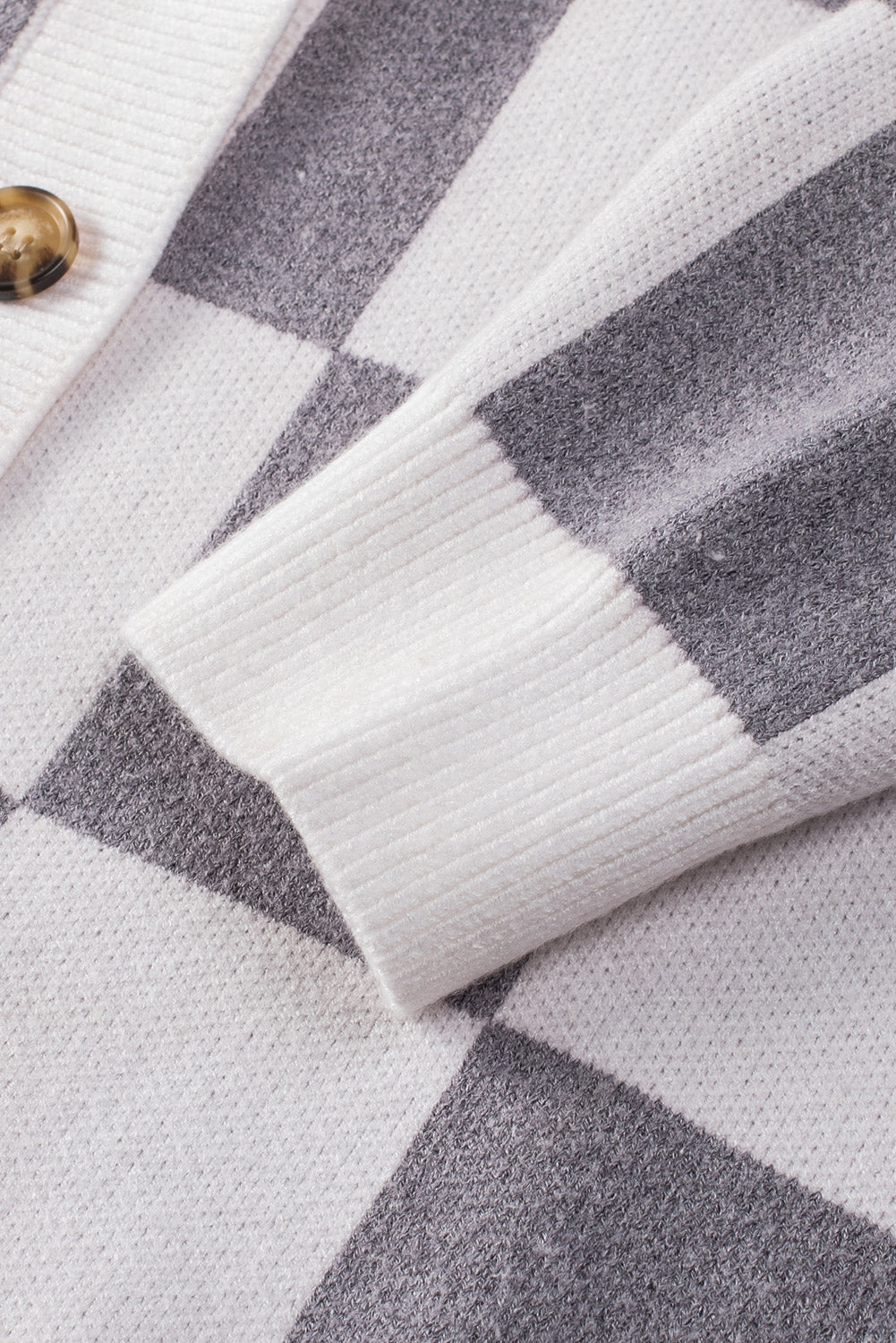 Brown Contrast Checkered Print Button Up Sweater Cardigan