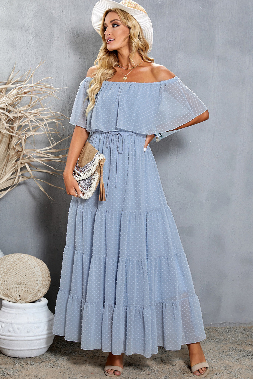 Sky Blue Yellow Yellow Off Shoulder Ruffle Swiss Dot Maxi Dress