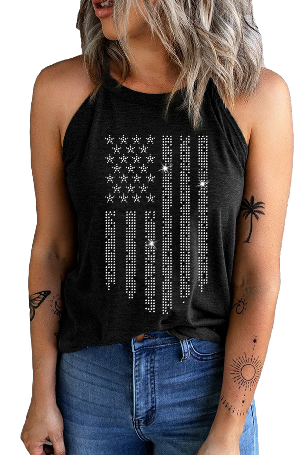 Shiny American Flag Printed O Neck Graphic Tank Top