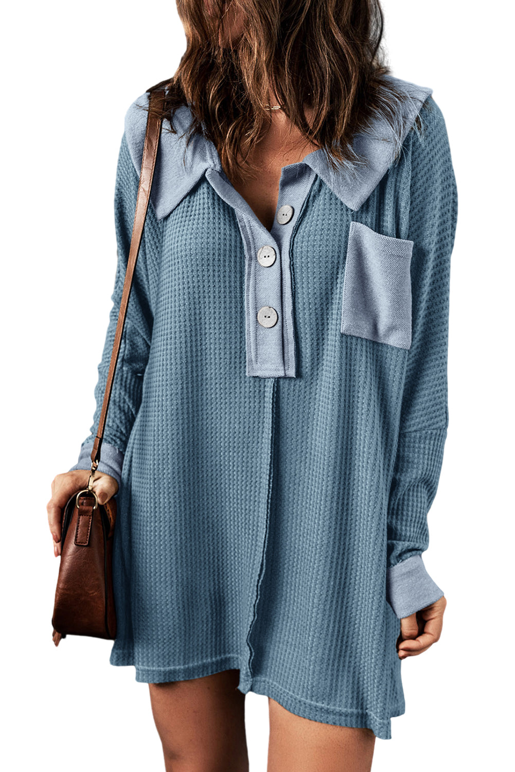 Black Waffle Knit Buttoned Long Sleeve Top