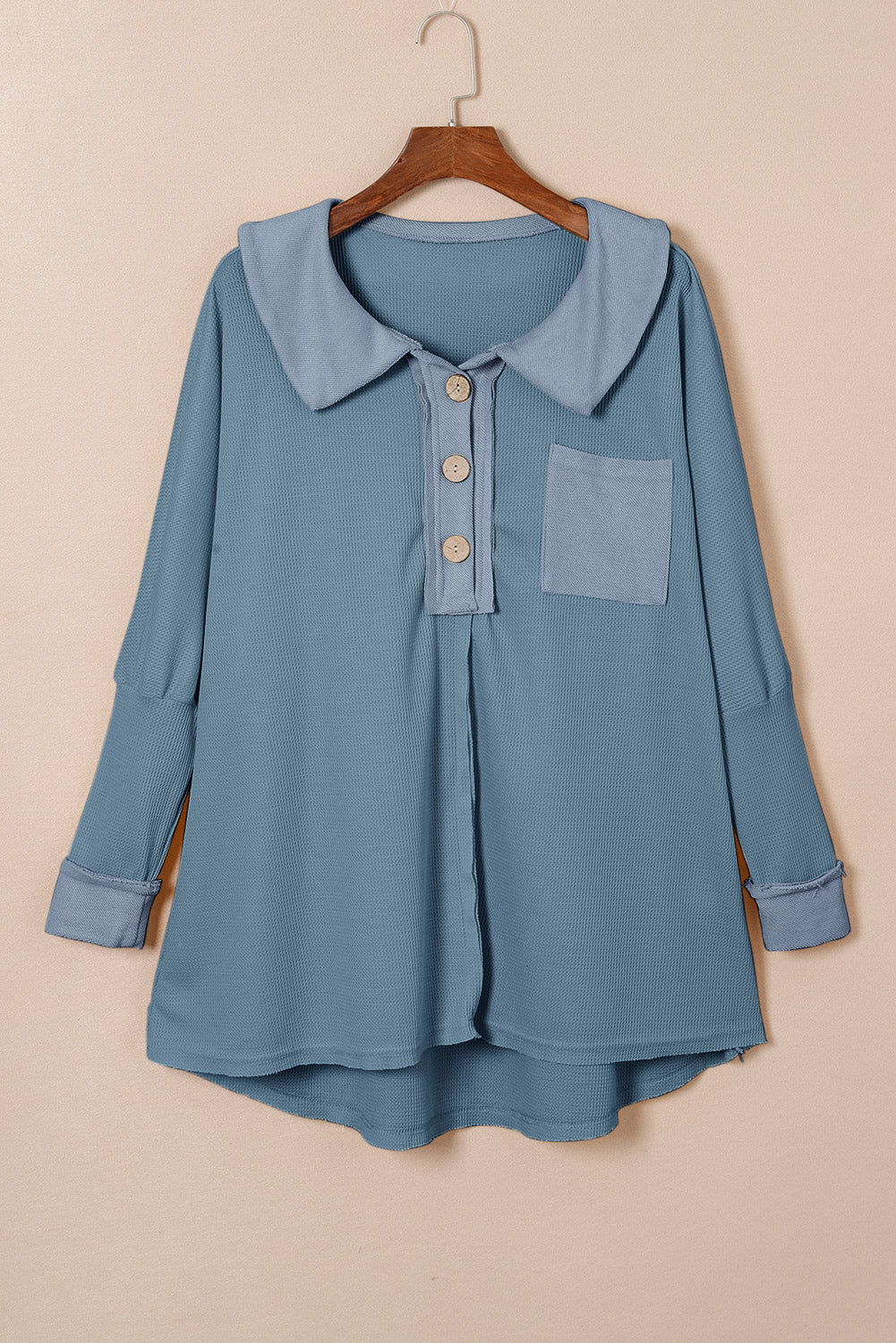 Black Waffle Knit Buttoned Long Sleeve Top