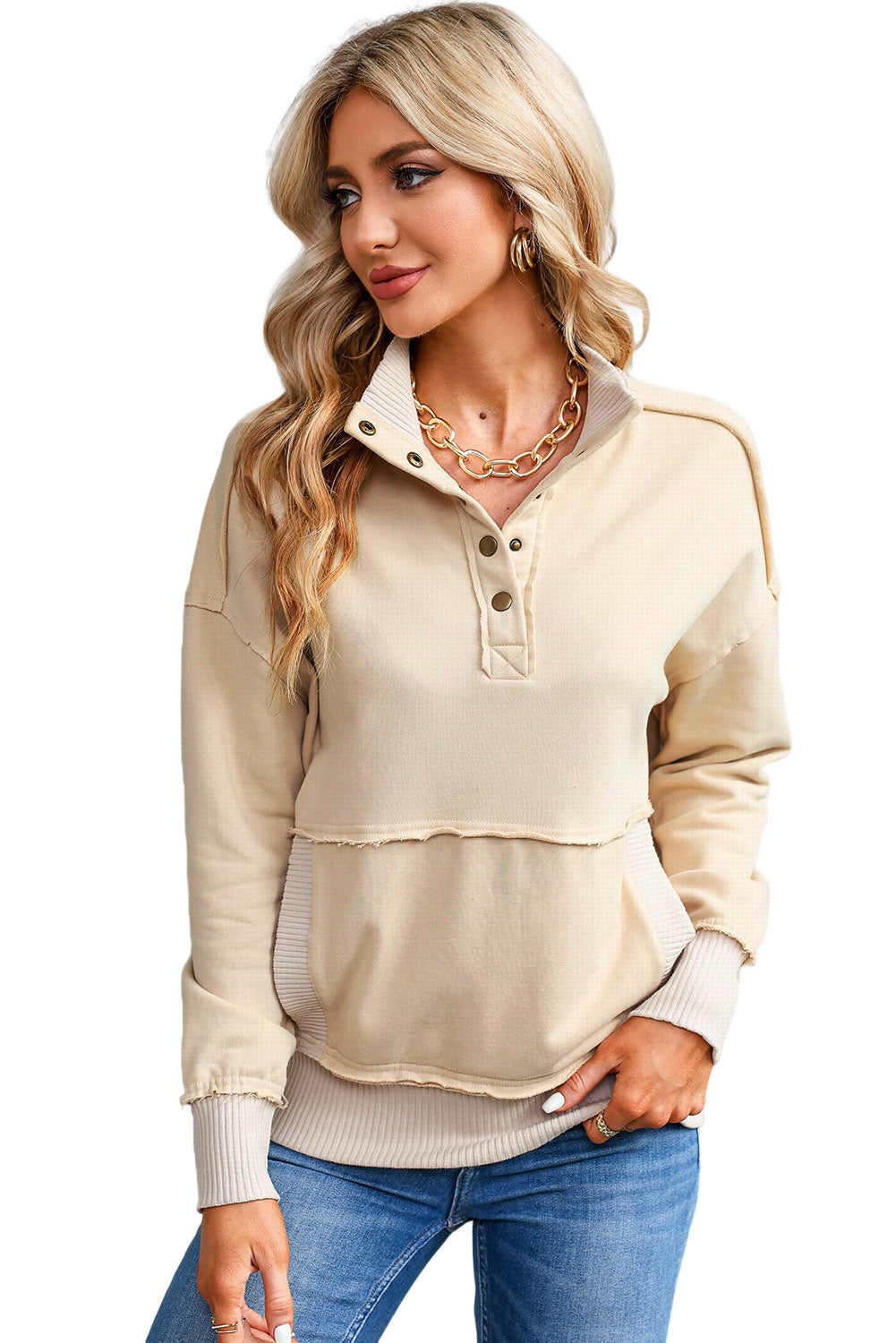 Gray Ribbed Hem Snap Button Neckline Sweatshirt with Pocket