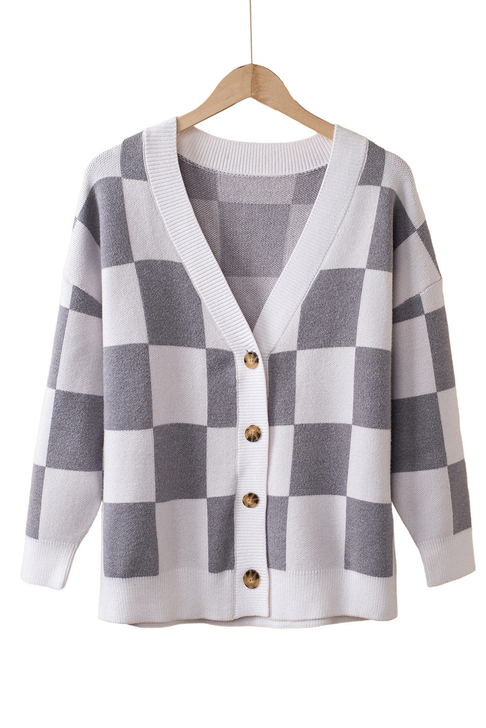 Brown Contrast Checkered Print Button Up Sweater Cardigan