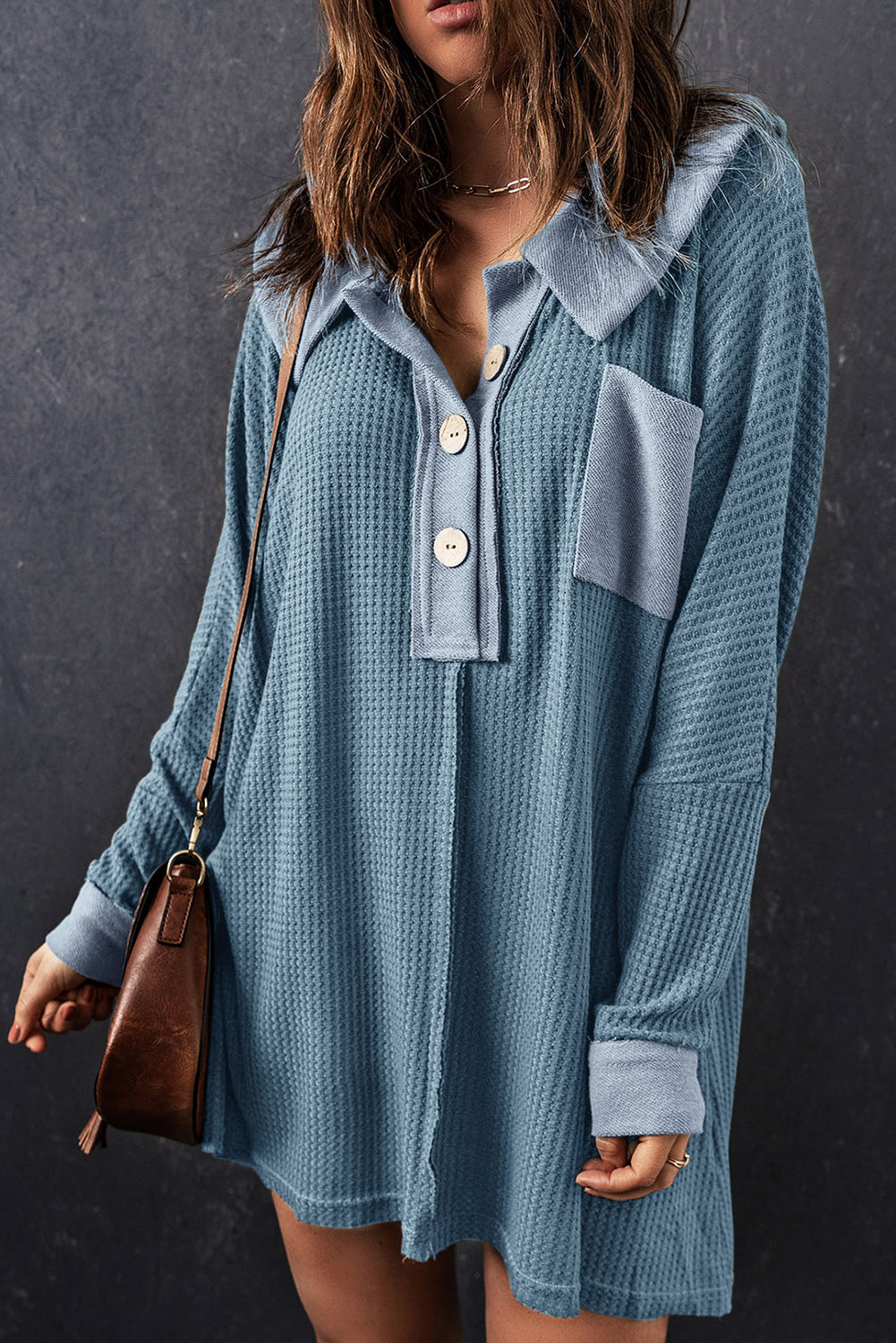 Black Waffle Knit Buttoned Long Sleeve Top