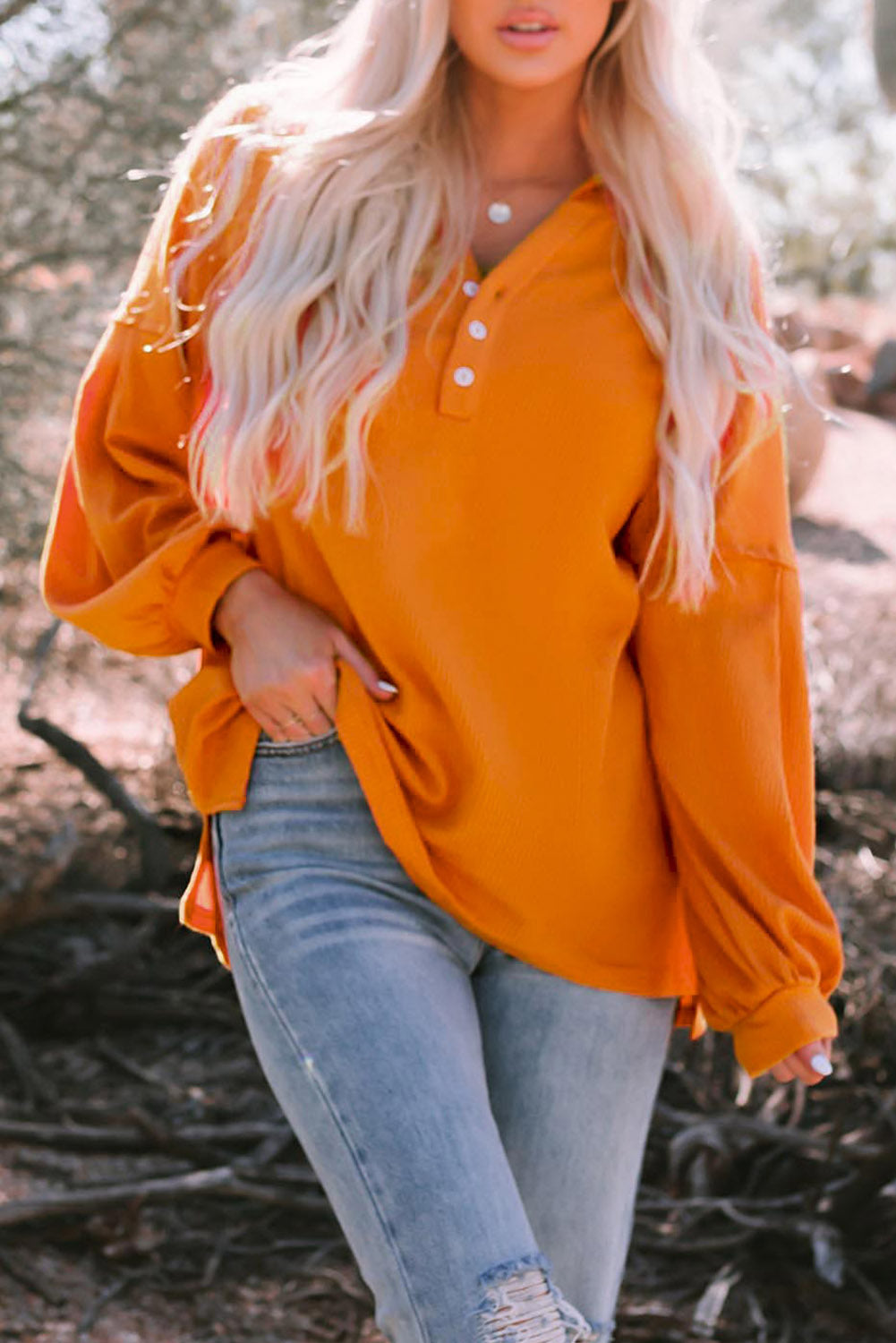 Gray Buttoned V Neck Drop Shoulder Waffle Knit Top