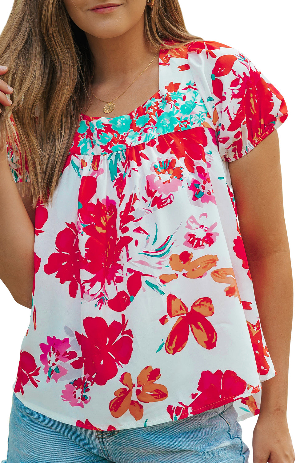 Red Floral Printed Square Neck Blouse