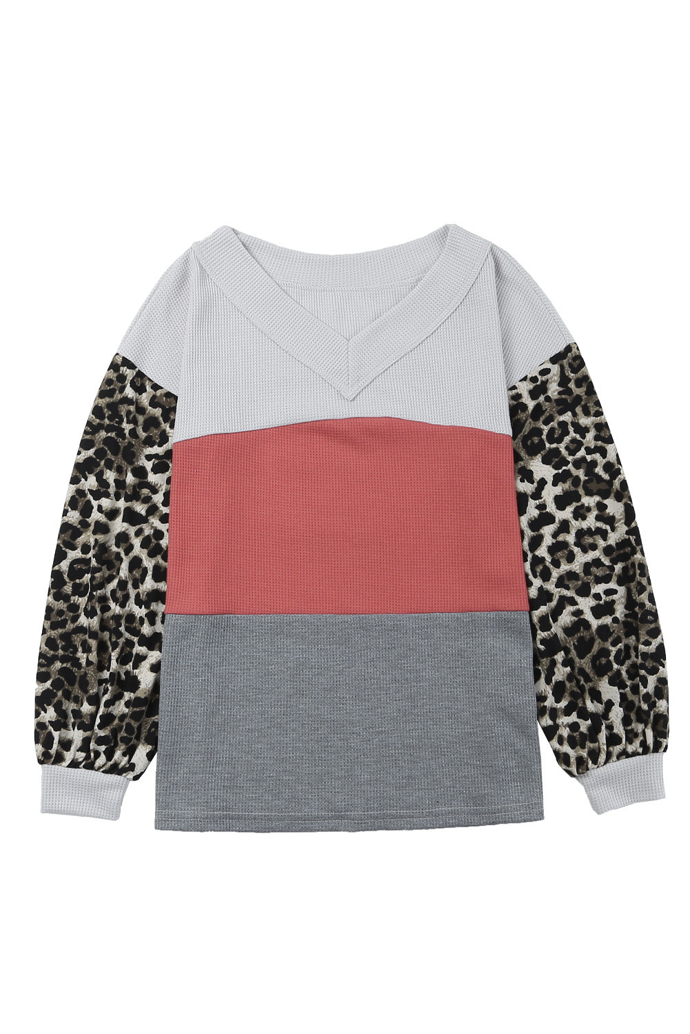Apricot Wild Leopard Contrast Sleeve Colorblock Waffle Knit Top