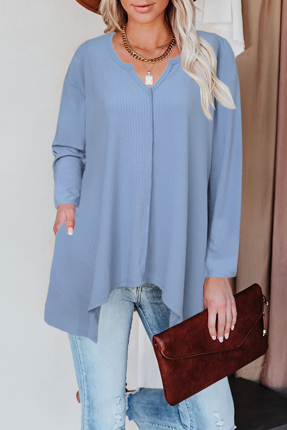 Brown Asymmetric Hemline Long Sleeve Top