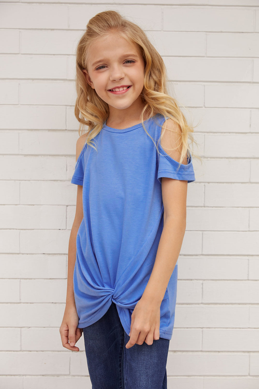 Black Cold Shoulder Twist Girls Short Sleeves Top