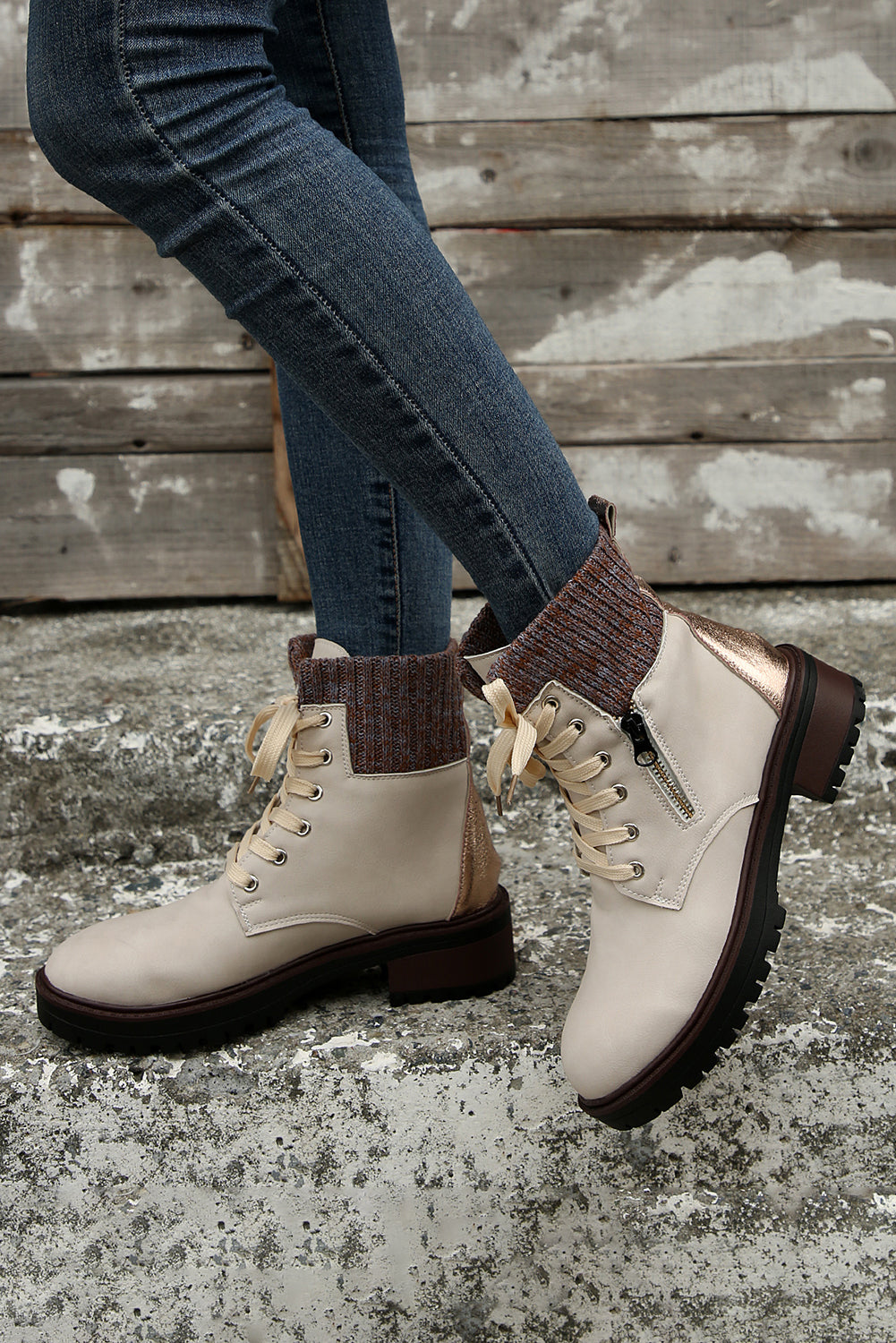 Black Knitted Patched Lace-up Heeled Ankle Boots