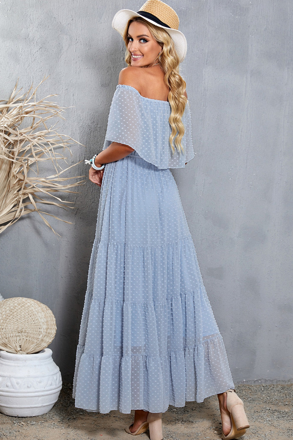 Sky Blue Yellow Yellow Off Shoulder Ruffle Swiss Dot Maxi Dress