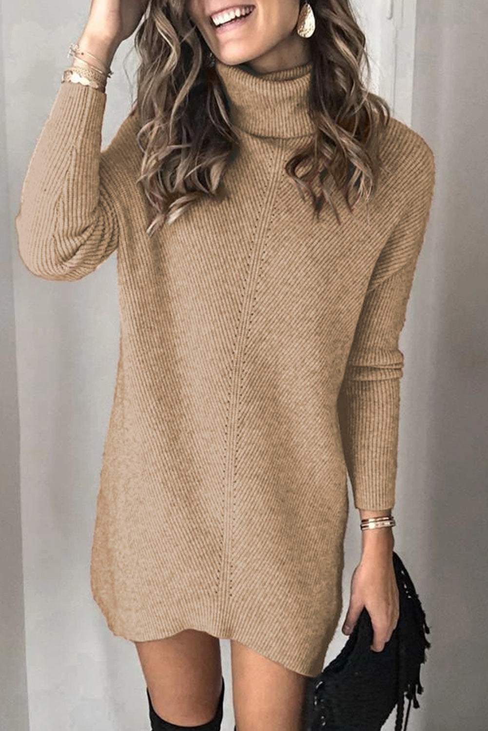 Brown Turtleneck Long Sleeve Knitted Sweater Dress