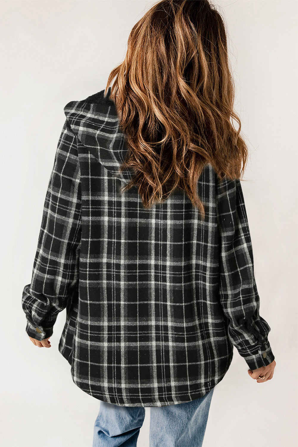 Blue Plaid Pattern Sherpa Lined Hooded Shacket