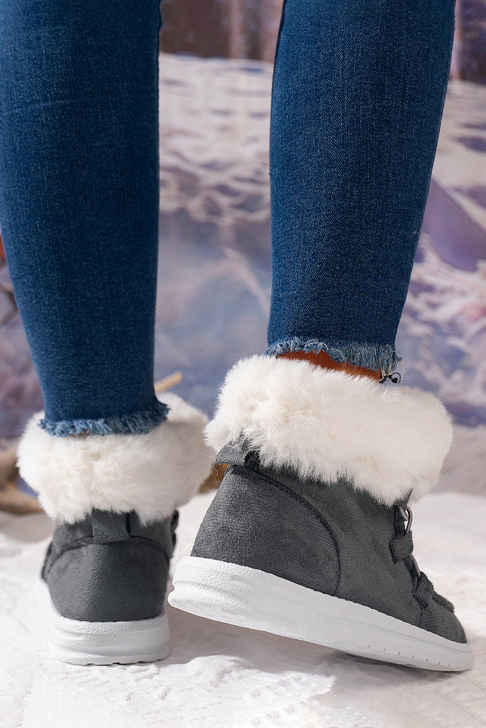 Black Suede Square Toe Plush Lined Drawstring Ankle Boots