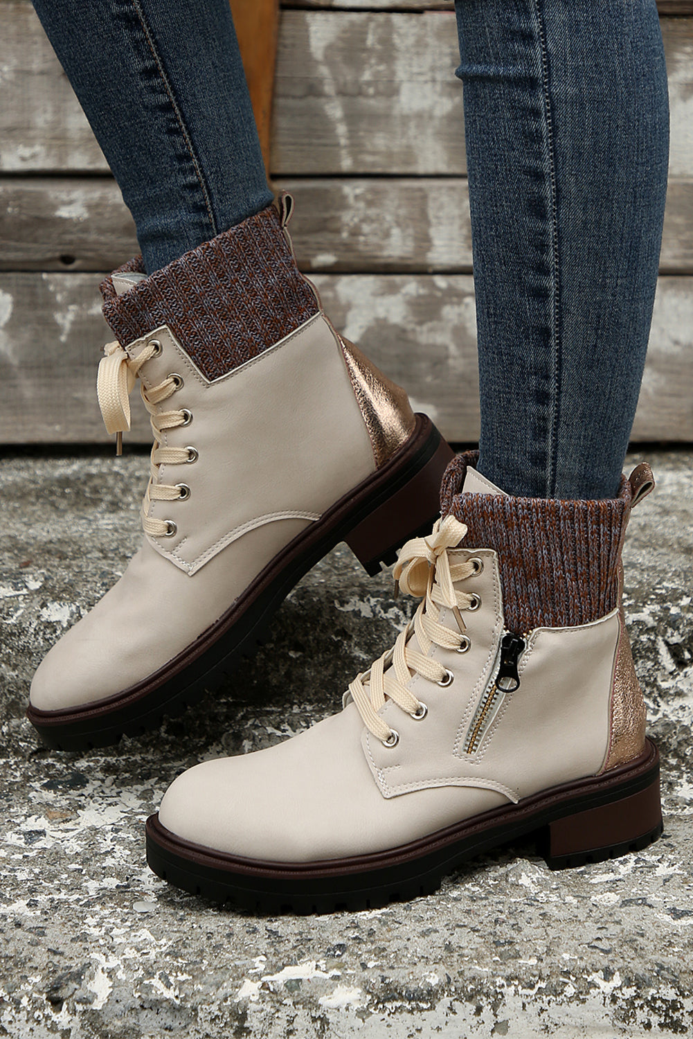 Black Knitted Patched Lace-up Heeled Ankle Boots