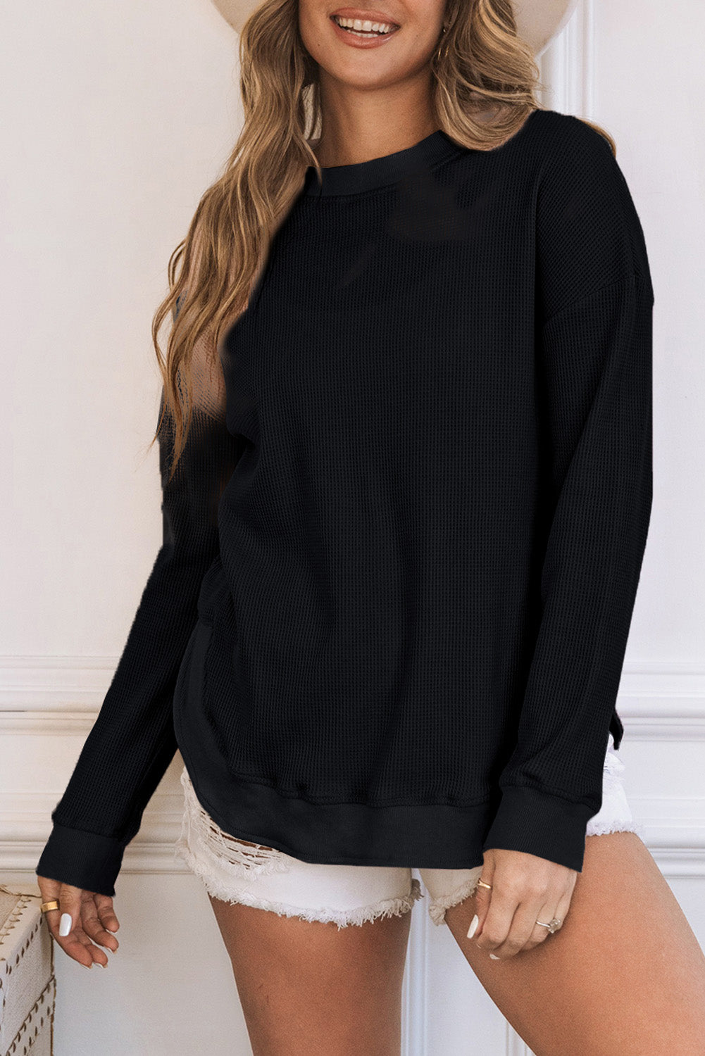 Apricot Crew Neck Ribbed Trim Waffle Knit Top