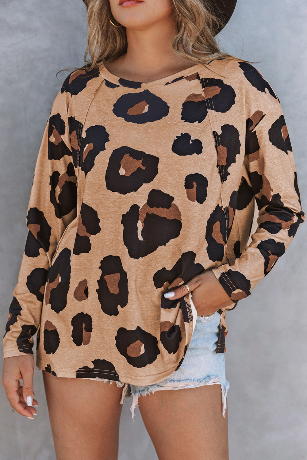 Gray Leopard Print Long Sleeve Loose Top