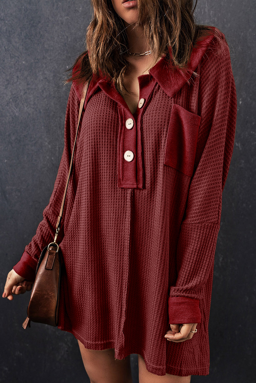 Black Waffle Knit Buttoned Long Sleeve Top