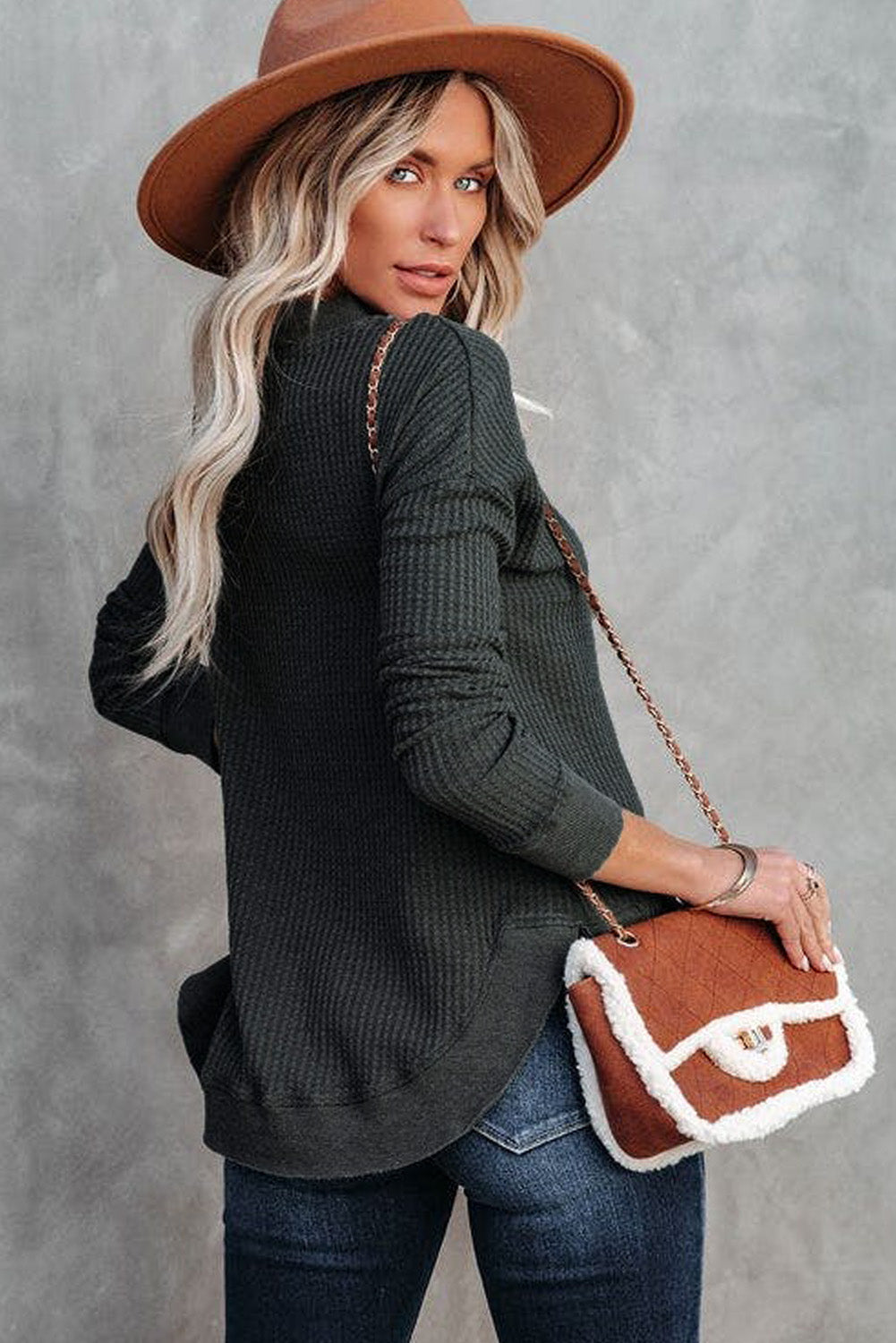 Apricot Crew Neck Ribbed Trim Waffle Knit Top