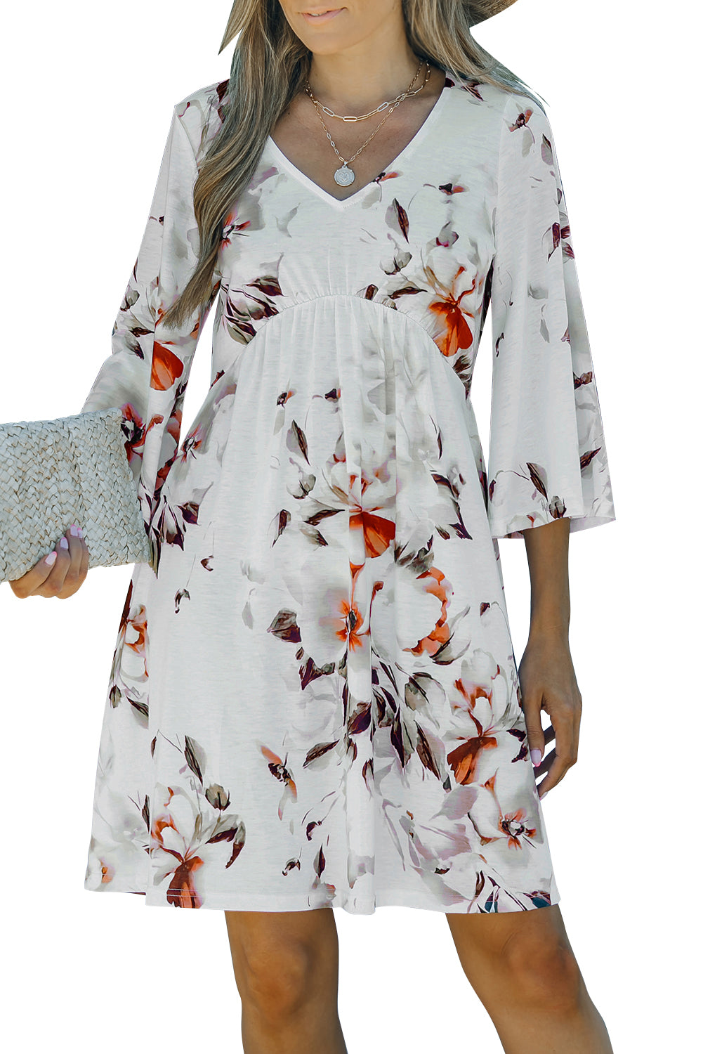 Orange V Neck 3/4 Sleeve Floral Dress