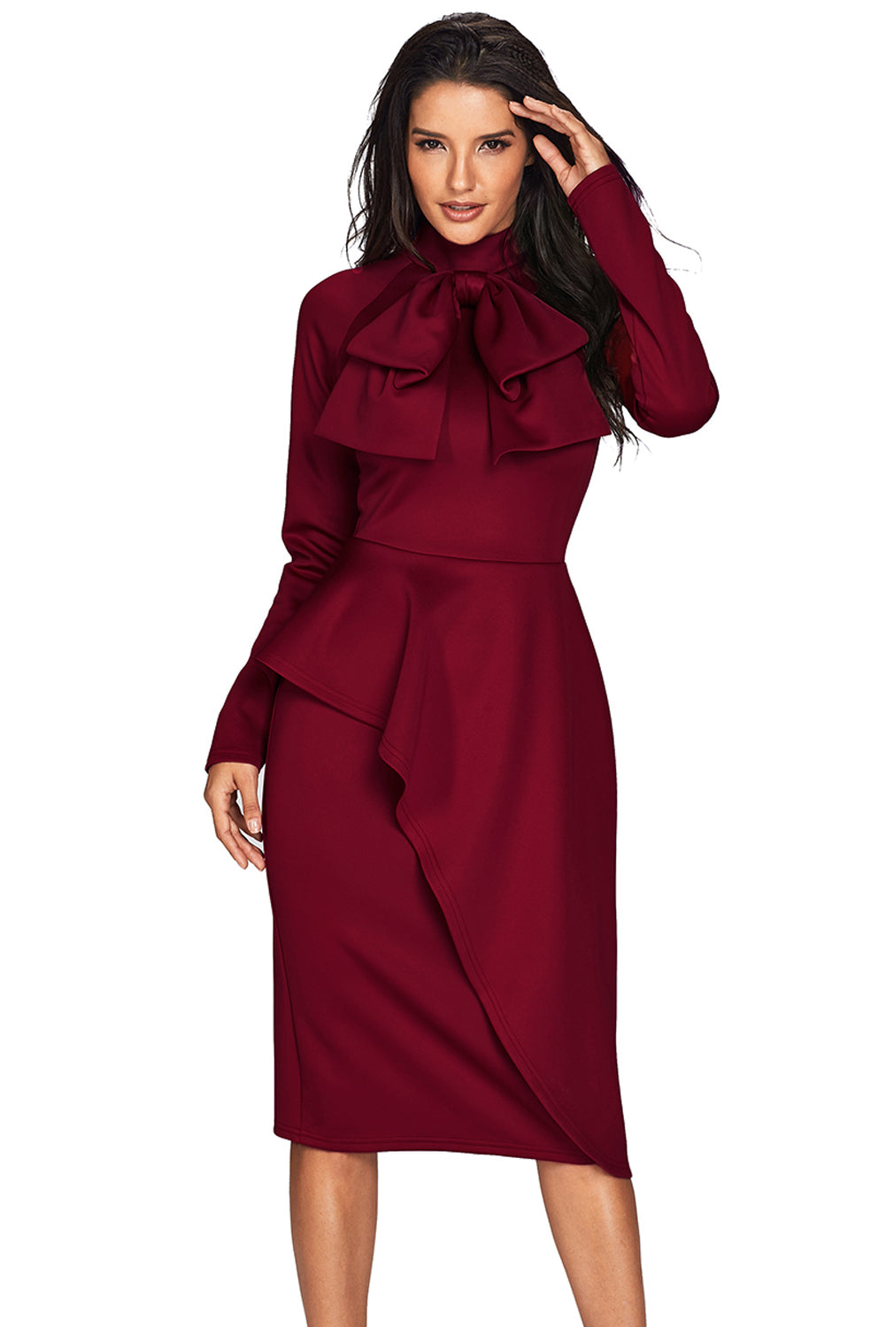 Black Asymmetric Peplum Style Pussy Bow Dress